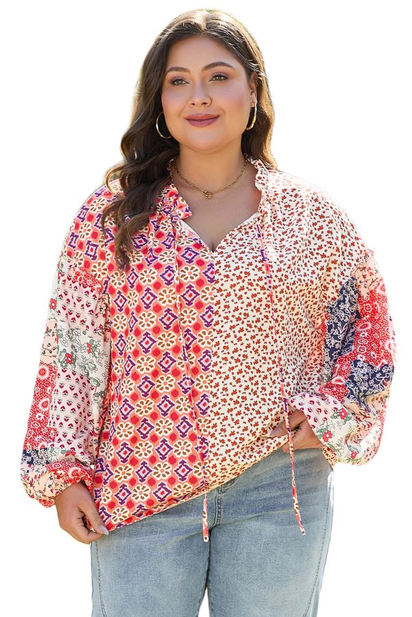 Orange Floral Geometric Patchwork Lace-up Crewneck Plus Size Blouse - Image 8