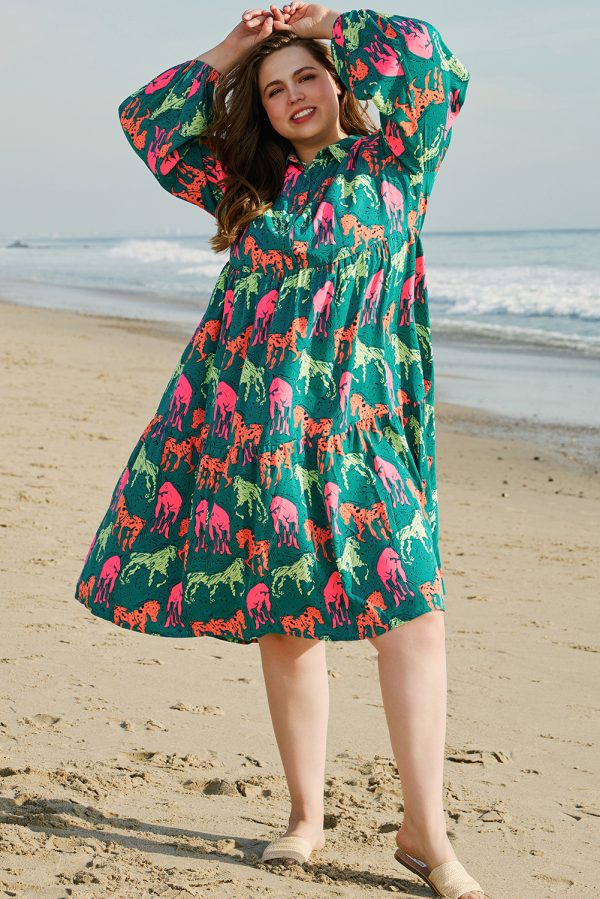 Green Horse Printed Long Sleeve Collared Buttoned Plus Size Midi Dress - Image 6