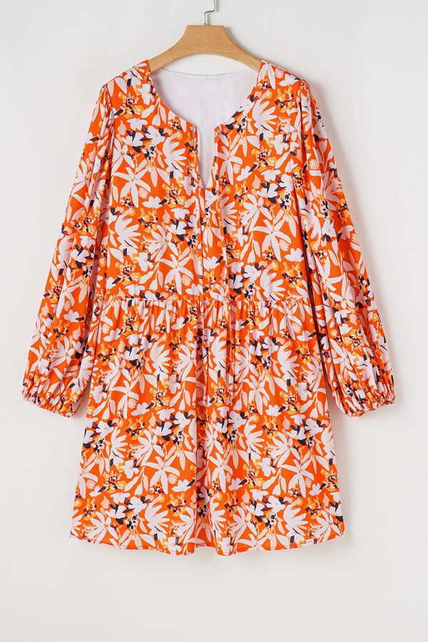 Orange Floral Print Split V Neck Bubble Sleeve Plus Size Midi Dress - Image 10