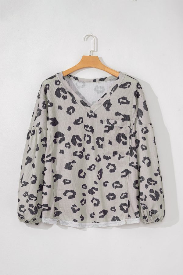 Gray Printed Leopard Balloon Sleeve Thermal Knit Plus Size Top - Image 4