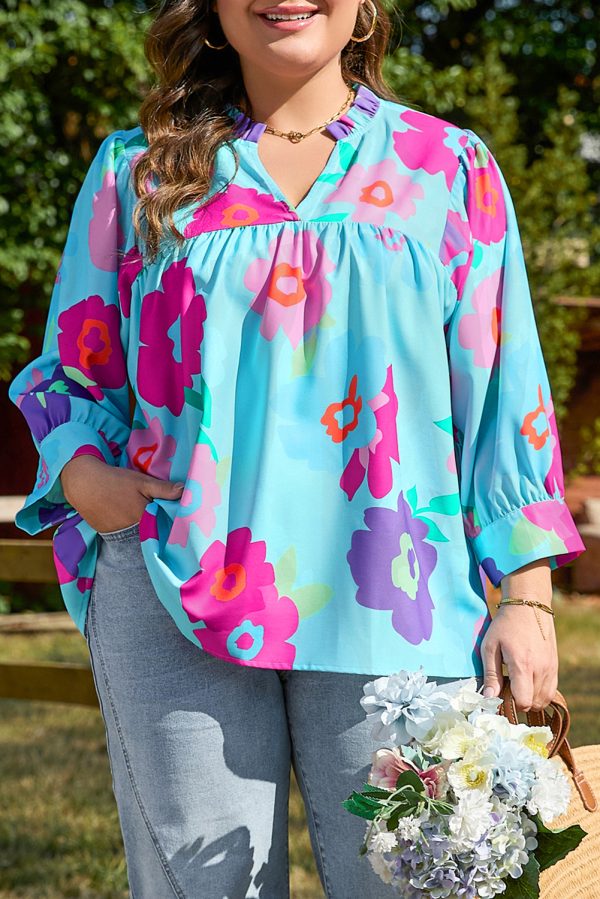 Light Blue Plus Size Floral Print Notched V Neck Babydoll Blouse - Image 6