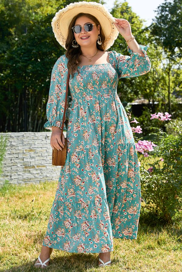 Green Plus Size Floral Print Square Neck Smocked Maxi Dress - Image 9