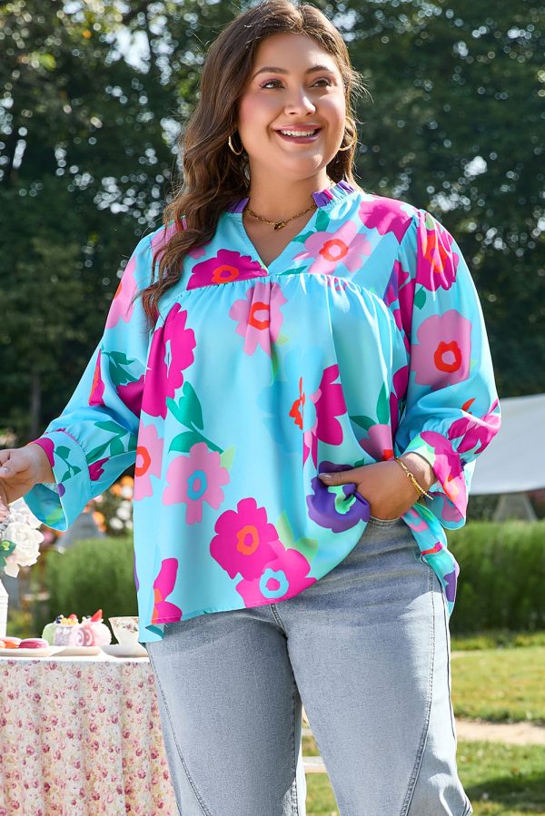 Light Blue Plus Size Floral Print Notched V Neck Babydoll Blouse