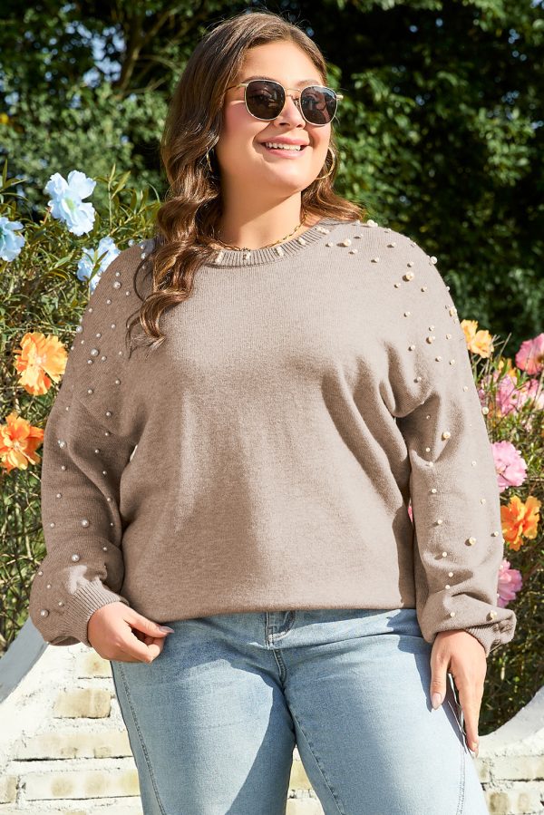 Smoke Gray Pearled Drop Shoulder Plus Size Sweater - Image 8