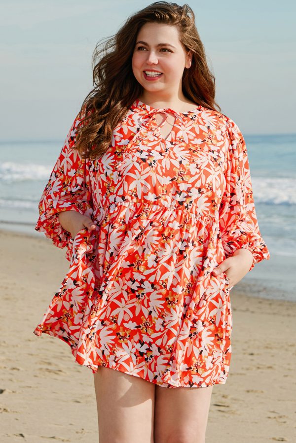 Orange Floral Print Split V Neck Bubble Sleeve Plus Size Midi Dress - Image 4