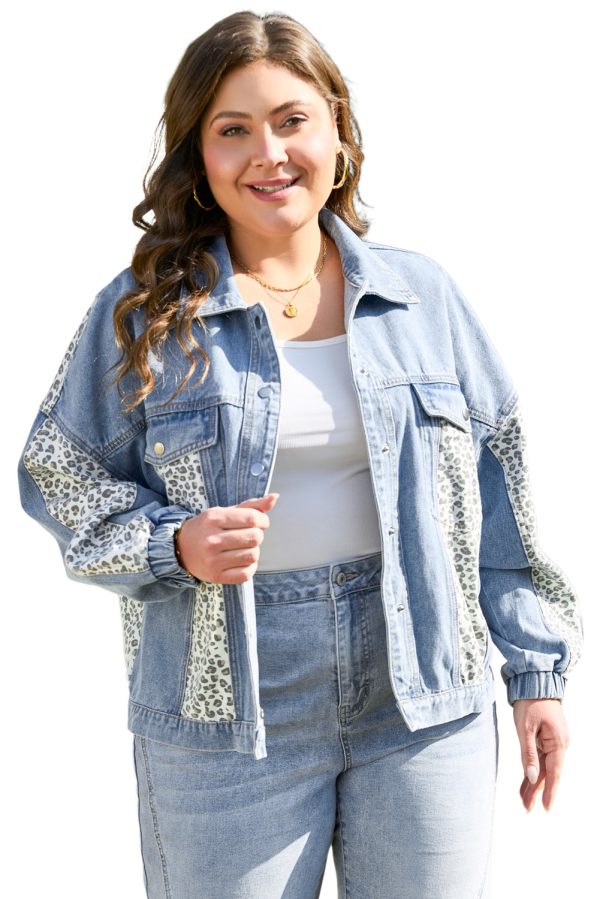 Beau Blue Leopard Patchwork Flap Detail Plus Size Denim Jacket - Image 11