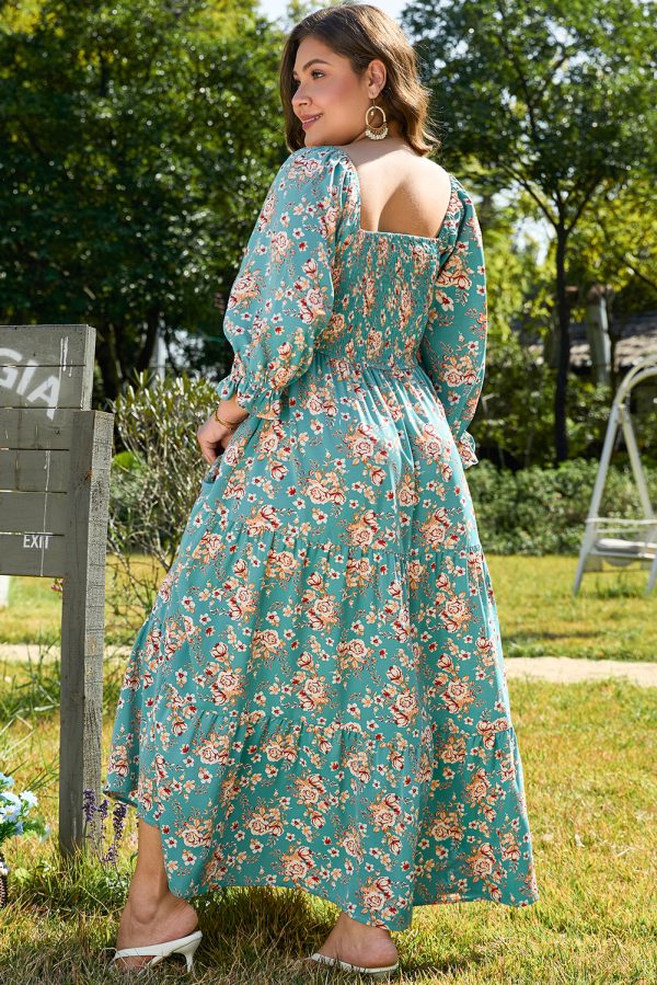 Green Plus Size Floral Print Square Neck Smocked Maxi Dress - Image 5