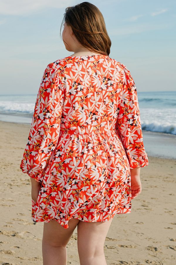 Orange Floral Print Split V Neck Bubble Sleeve Plus Size Midi Dress - Image 2