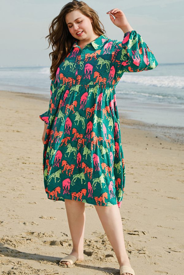 Green Horse Printed Long Sleeve Collared Buttoned Plus Size Midi Dress - Image 7