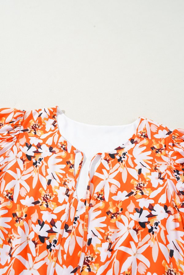 Orange Floral Print Split V Neck Bubble Sleeve Plus Size Midi Dress - Image 15