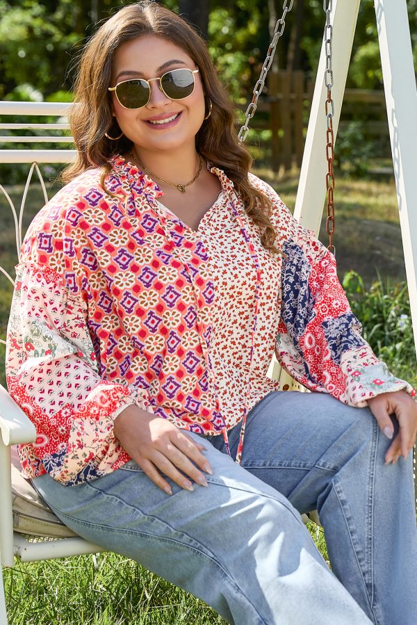 Orange Floral Geometric Patchwork Lace-up Crewneck Plus Size Blouse - Image 3