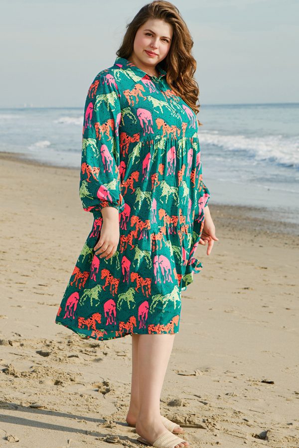 Green Horse Printed Long Sleeve Collared Buttoned Plus Size Midi Dress - Image 5