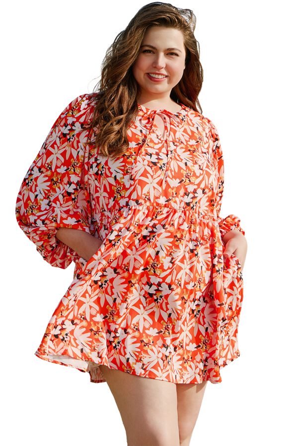 Orange Floral Print Split V Neck Bubble Sleeve Plus Size Midi Dress - Image 17