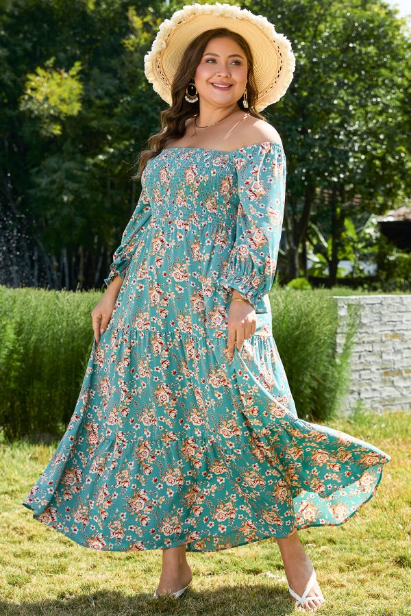 Green Plus Size Floral Print Square Neck Smocked Maxi Dress - Image 4