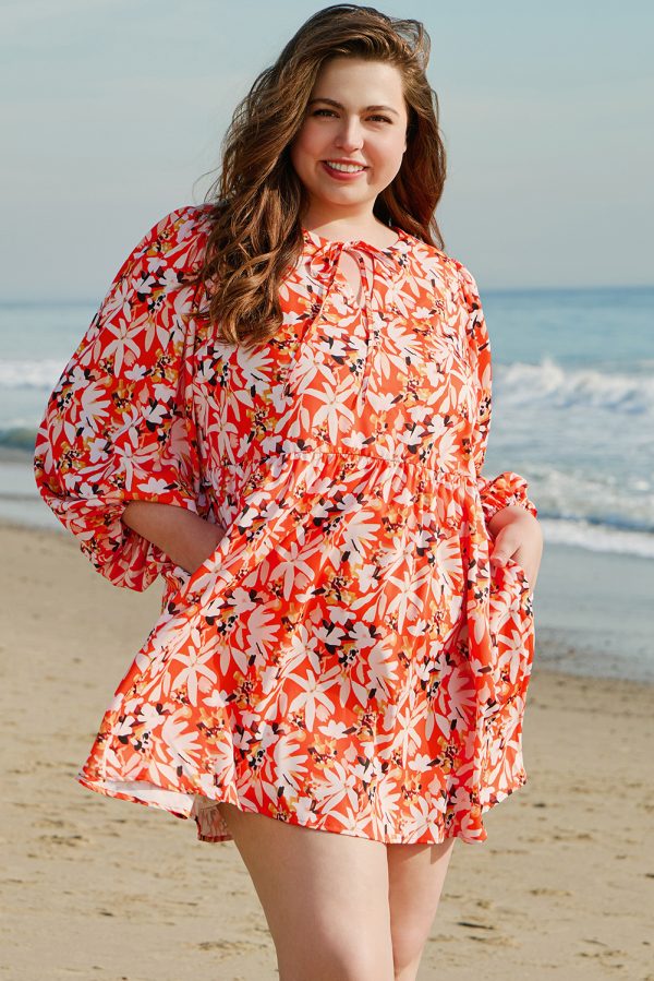 Orange Floral Print Split V Neck Bubble Sleeve Plus Size Midi Dress - Image 6