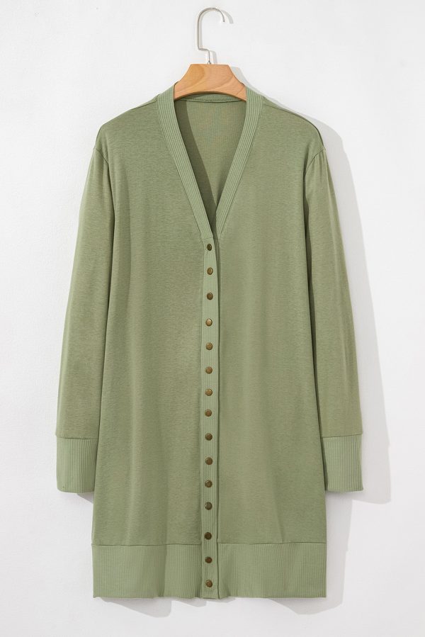 Green Plus Size Snap Buttons Front Knit Cardigan - Image 4