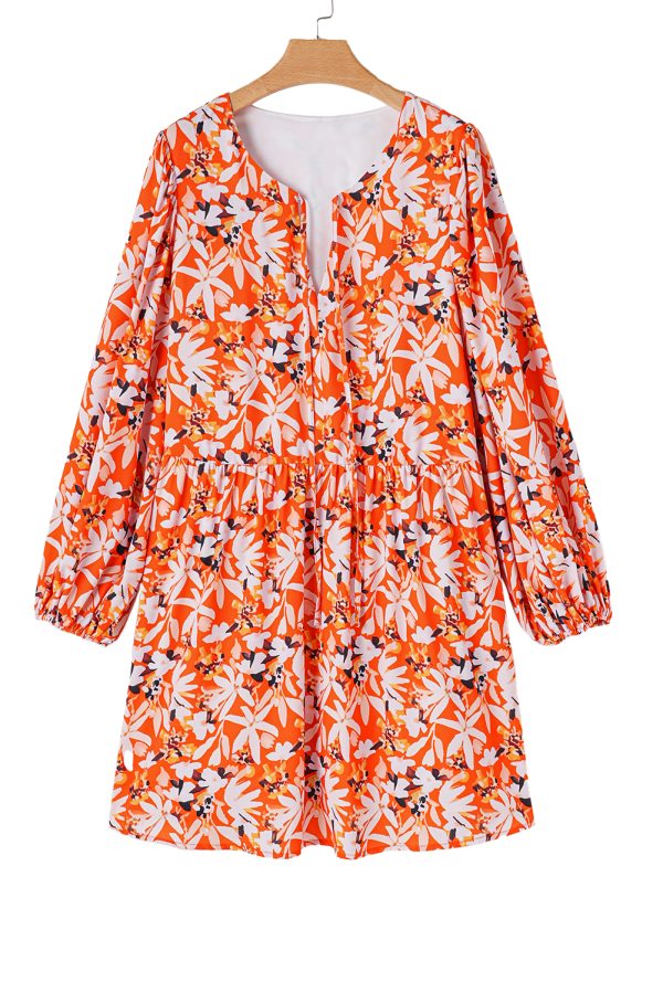 Orange Floral Print Split V Neck Bubble Sleeve Plus Size Midi Dress - Image 9