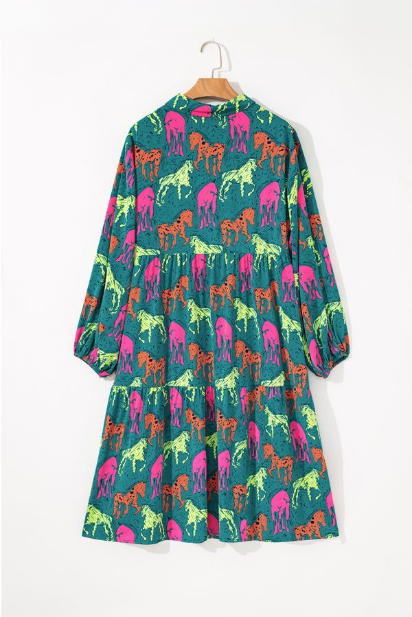 Green Horse Printed Long Sleeve Collared Buttoned Plus Size Midi Dress - Image 9