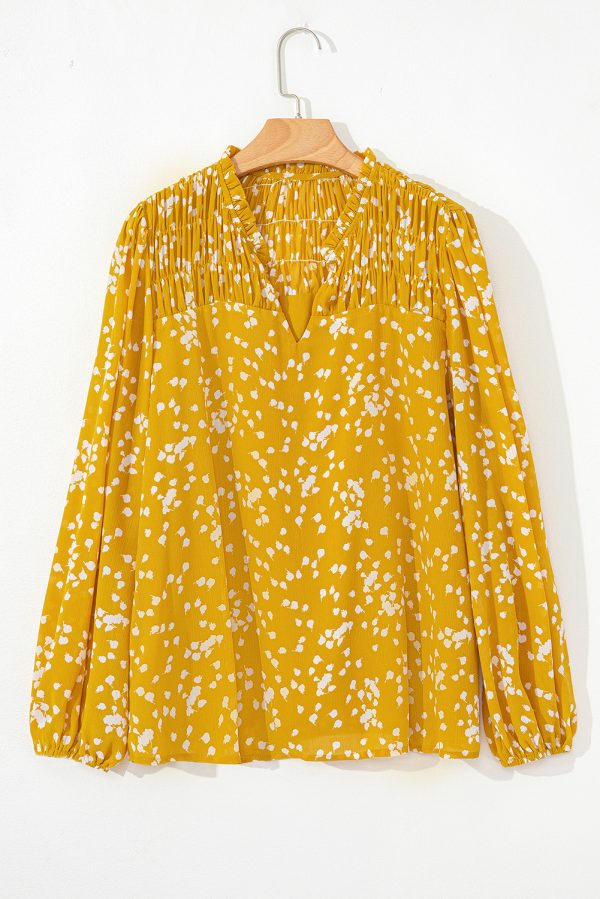 Yellow Plus Size Floral Print Ruched Split Neck Blouse - Image 4