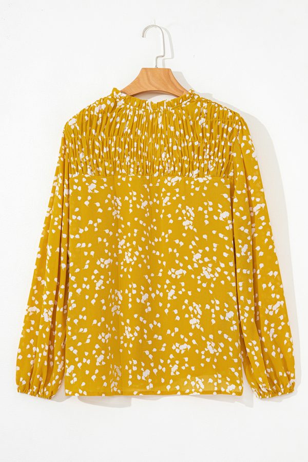 Yellow Plus Size Floral Print Ruched Split Neck Blouse - Image 5