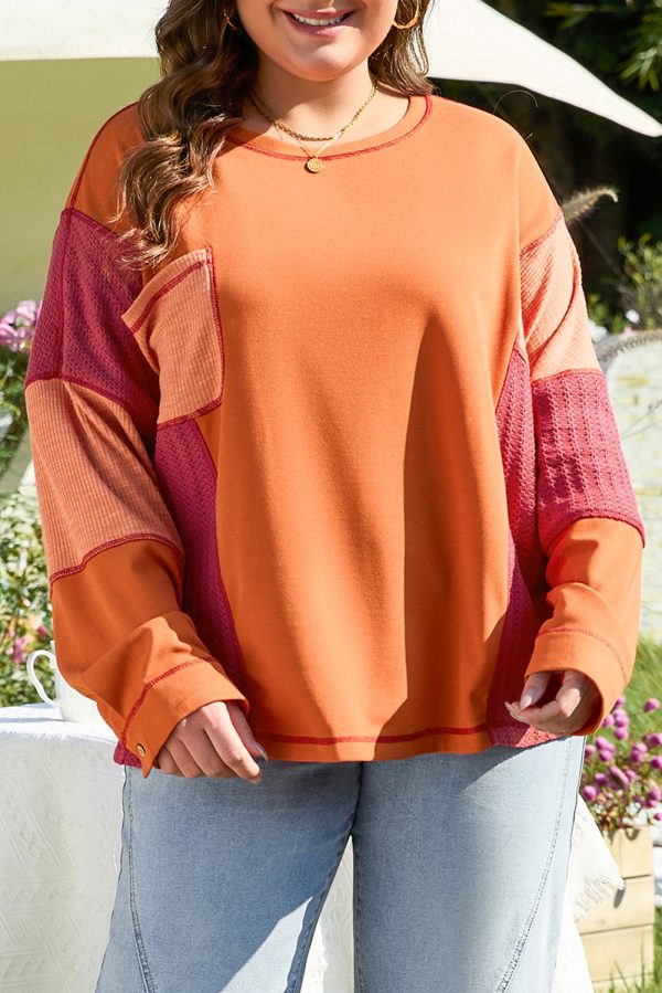 Orange Textured Knit Color Block Patchwork Chest Pocket Plus Size Top - Image 10